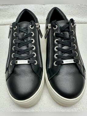 J/Slides Black Leather Harling Sneakers with Zipper Detail